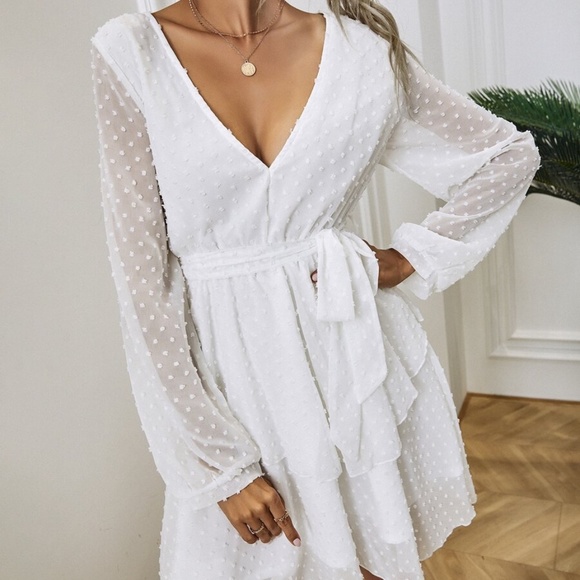 boho white swiss dot v neck belted ruffle dress - Picture 4 of 7